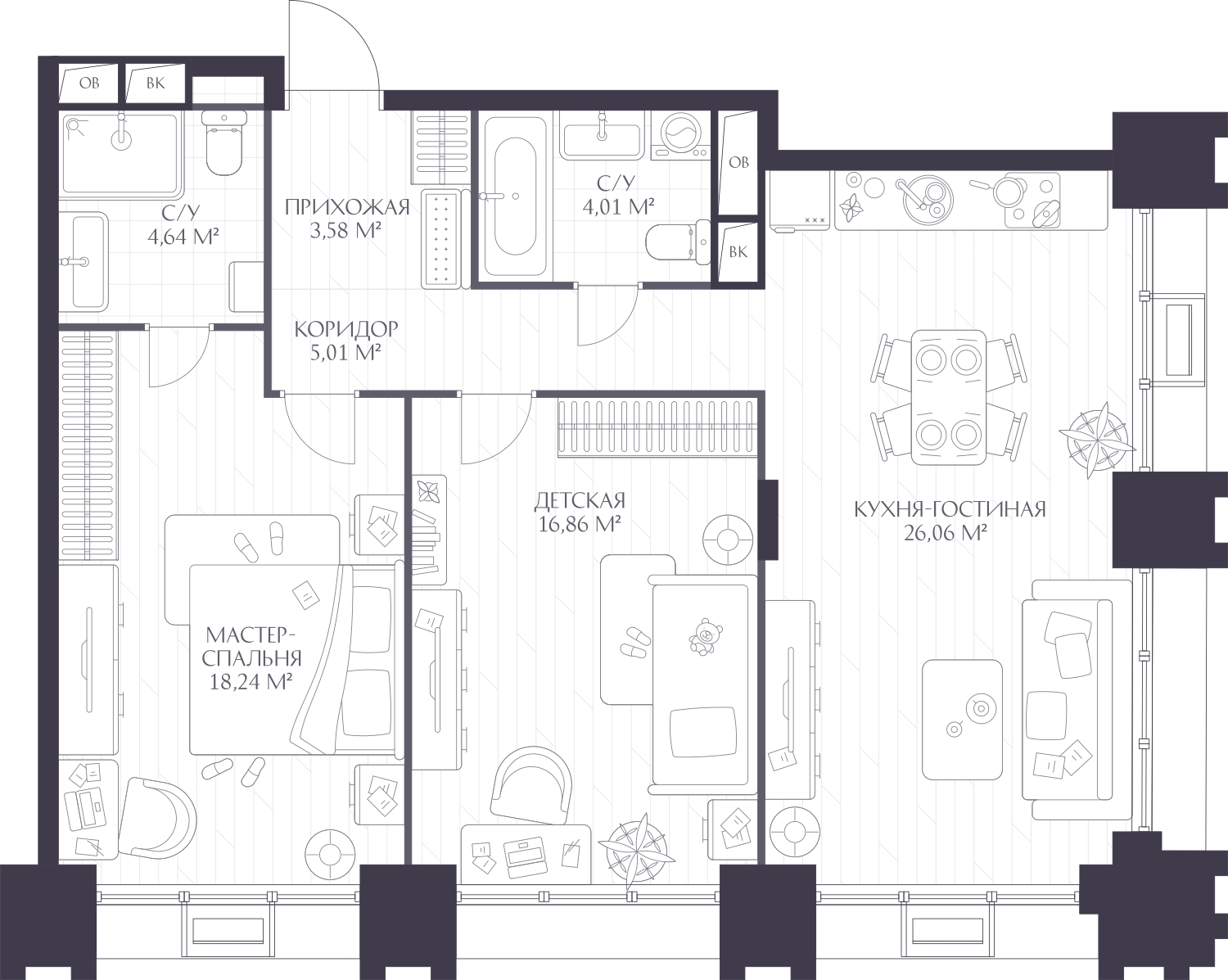 2-комнатная квартира в ЖК VEREN PLACE Одесская на 5 этаже в 1 секции. Сдача в 3 кв. 2026 г.