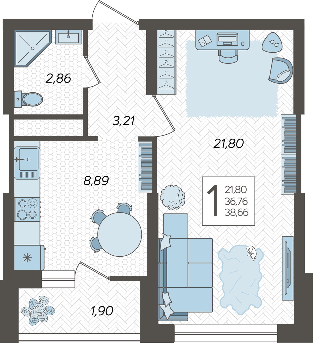 1-комнатная квартира в ЖК Беринг на 10 этаже в 3 секции. Сдача в 4 кв. 2025 г.
