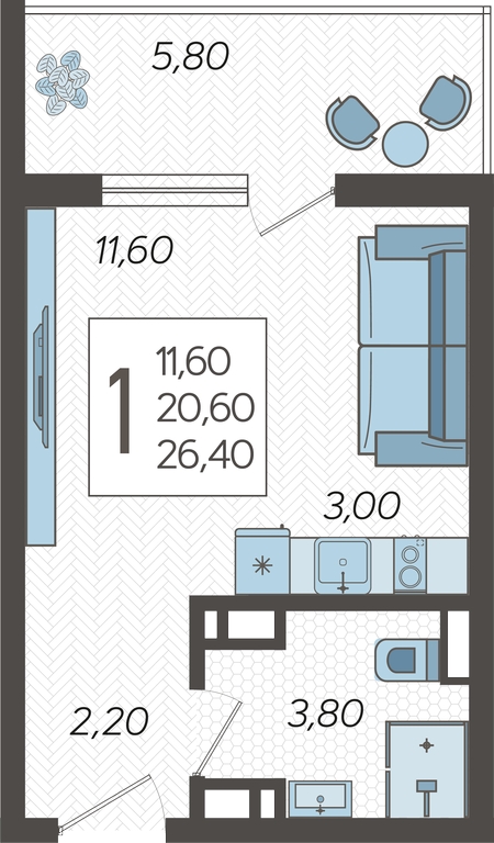 1-комнатная квартира (Студия) с отделкой в ЖК Новая Жизнь на 3 этаже в 1 секции. Сдача в 1 кв. 2027 г.