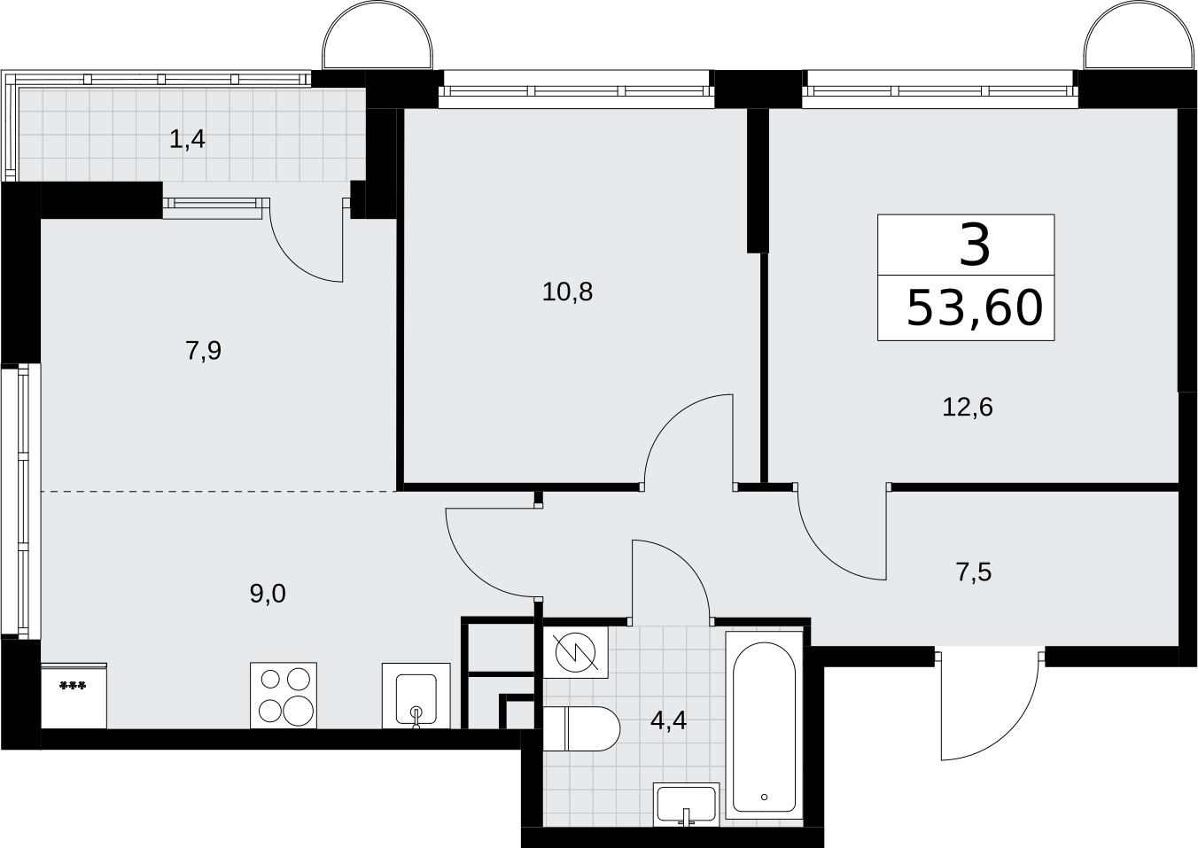 3-комнатная квартира с отделкой в ЖК Новая Жизнь на 12 этаже в 1 секции. Сдача в 2 кв. 2025 г.