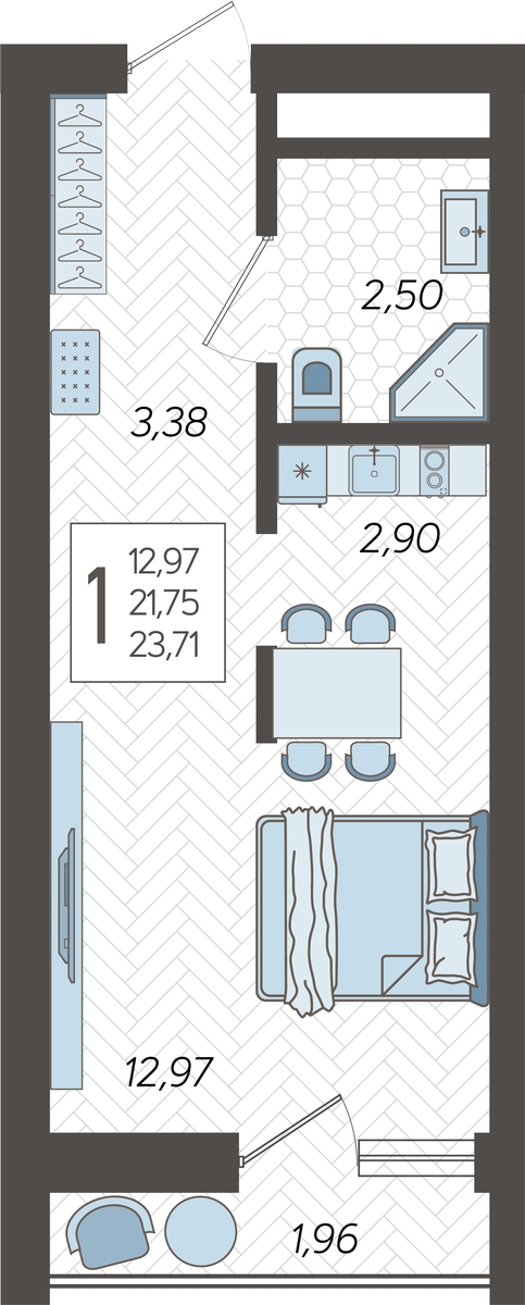 1-комнатная квартира с отделкой в ЖК Новая Жизнь на 11 этаже в 1 секции. Сдача в 2 кв. 2025 г.