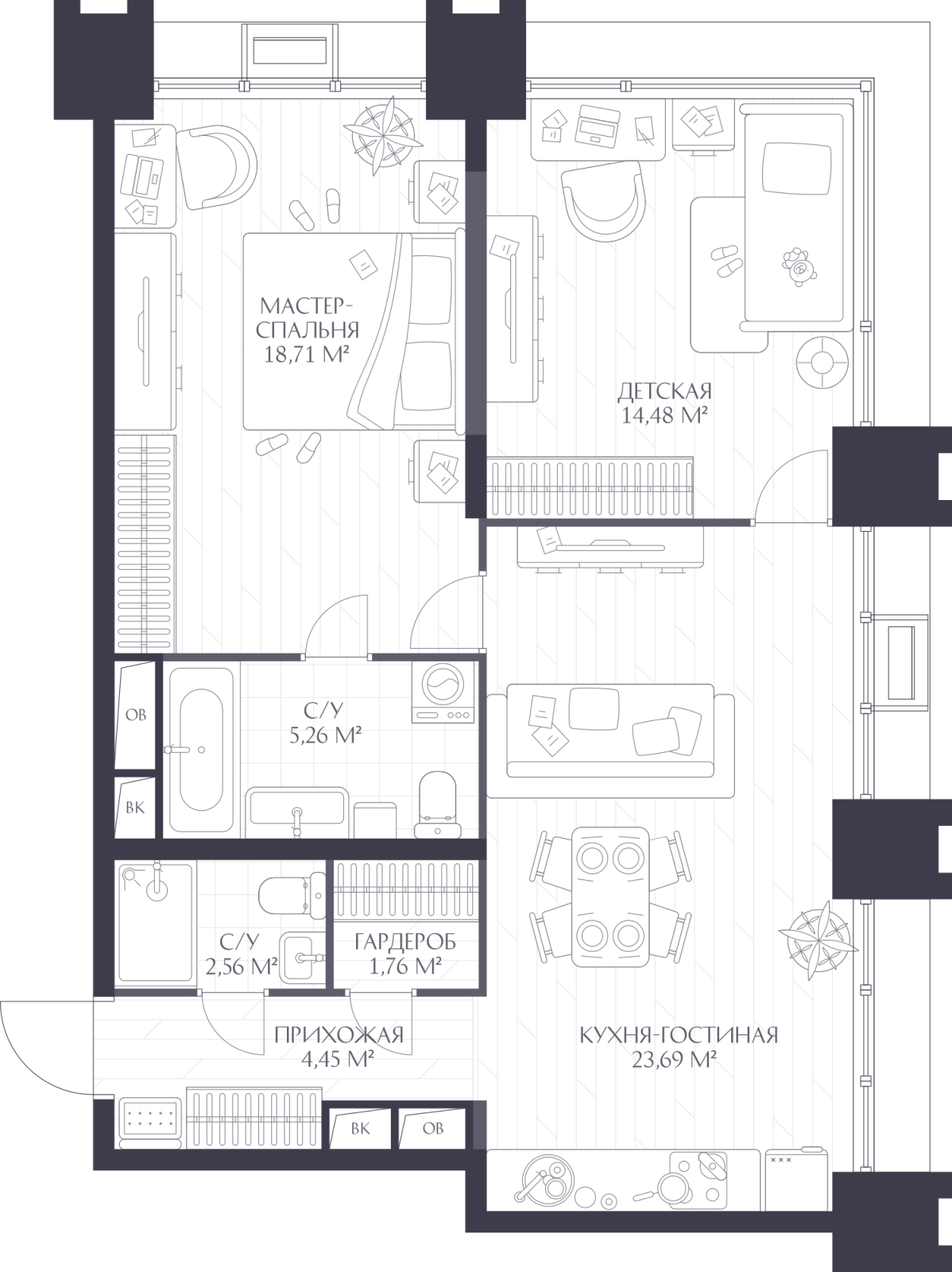 2-комнатная квартира в ЖК VEREN PLACE Одесская на 6 этаже в 1 секции. Сдача в 3 кв. 2026 г.