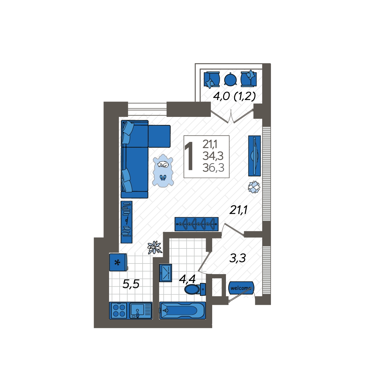 1-комнатная квартира (Студия) с отделкой в ALBA del MARE на 4 этаже в 1 секции. Сдача в 4 кв. 2024 г.
