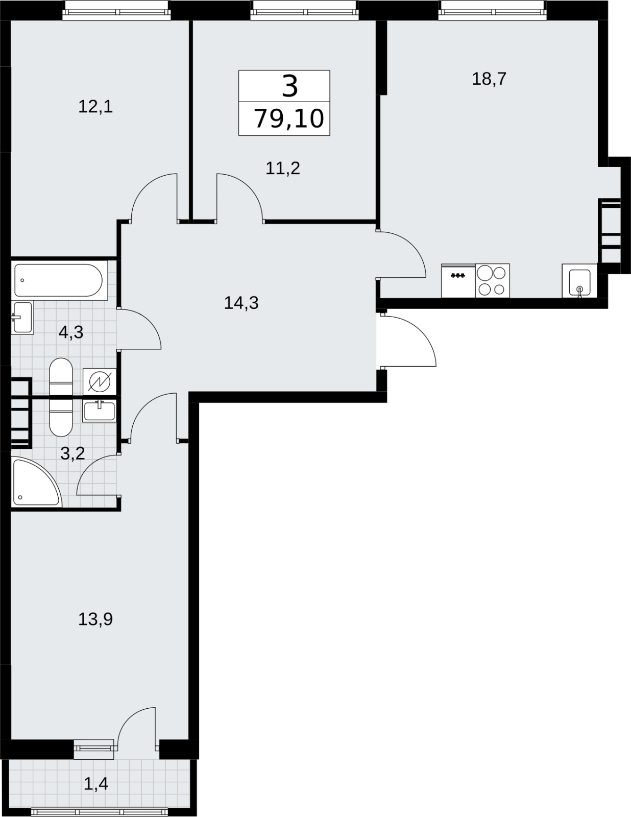 3-комнатная квартира с отделкой в ЖК ERA на 13 этаже в 1 секции. Сдача в 3 кв. 2026 г.