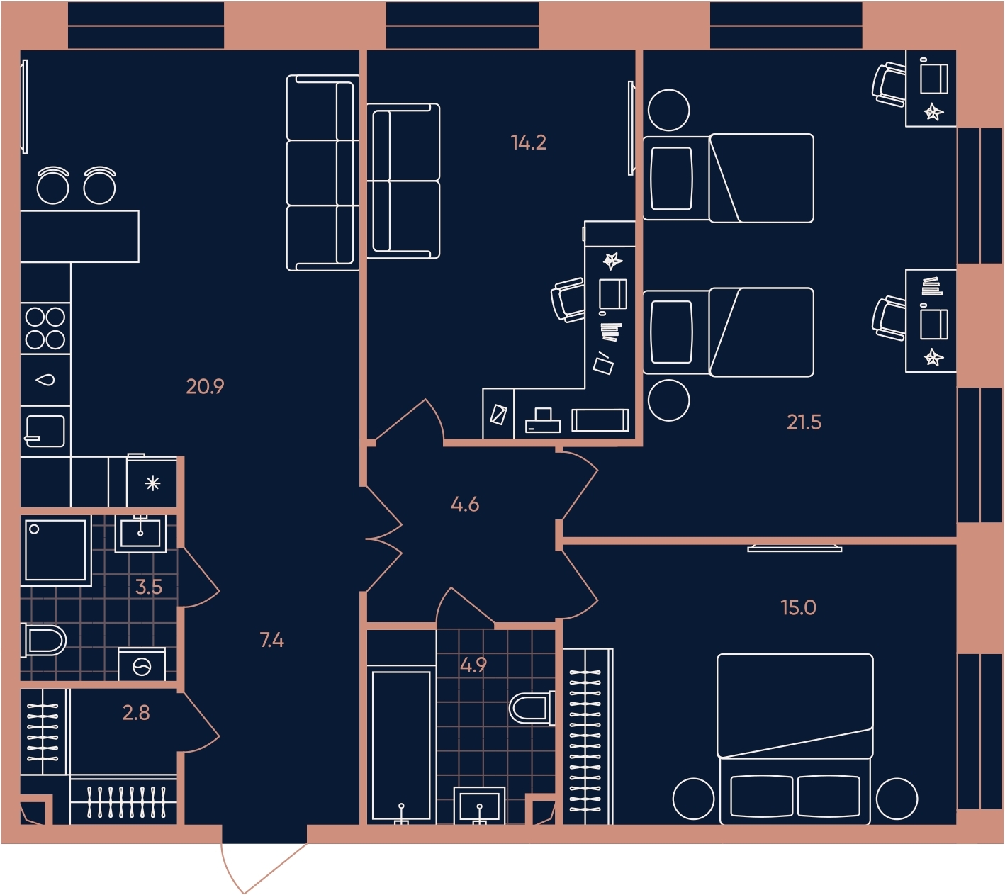 2-комнатная квартира с отделкой в ЖК ERA на 15 этаже в 1 секции. Сдача в 3 кв. 2026 г.