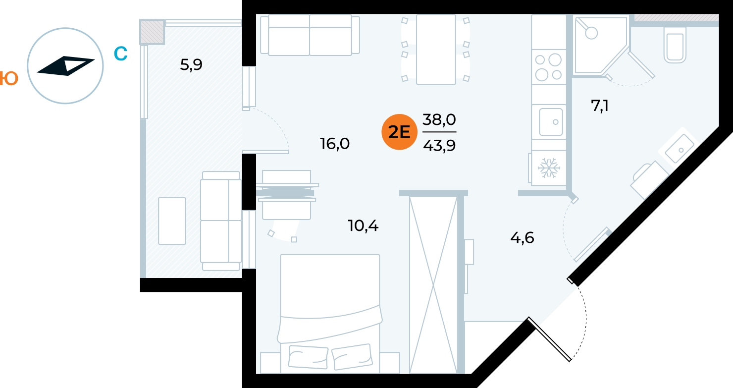 1-комнатная квартира в ЖК Беринг на 13 этаже в 4 секции. Сдача в 4 кв. 2025 г.
