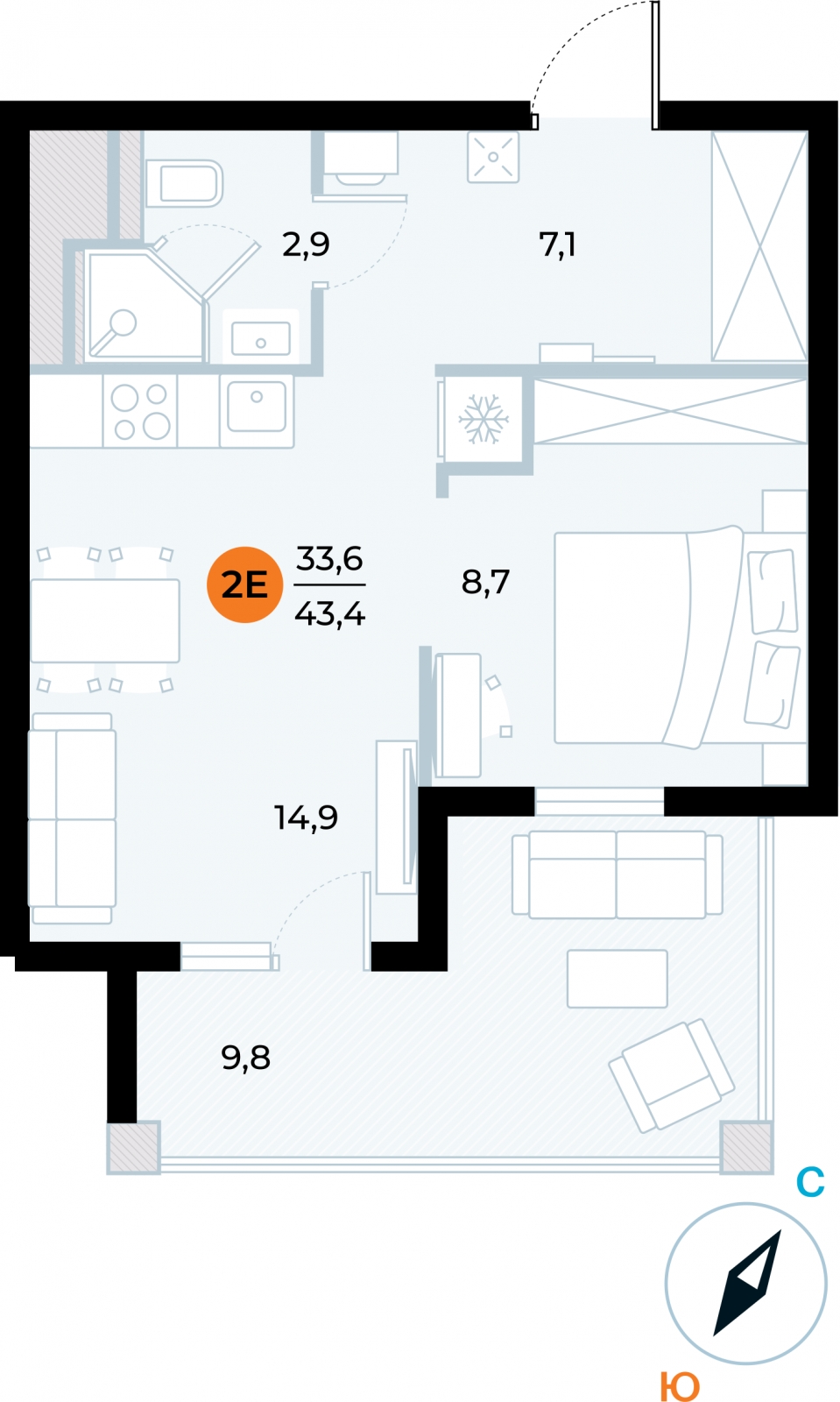 1-комнатная квартира (Студия) в ЖК Родные кварталы на 9 этаже в 1 секции. Сдача в 3 кв. 2026 г.