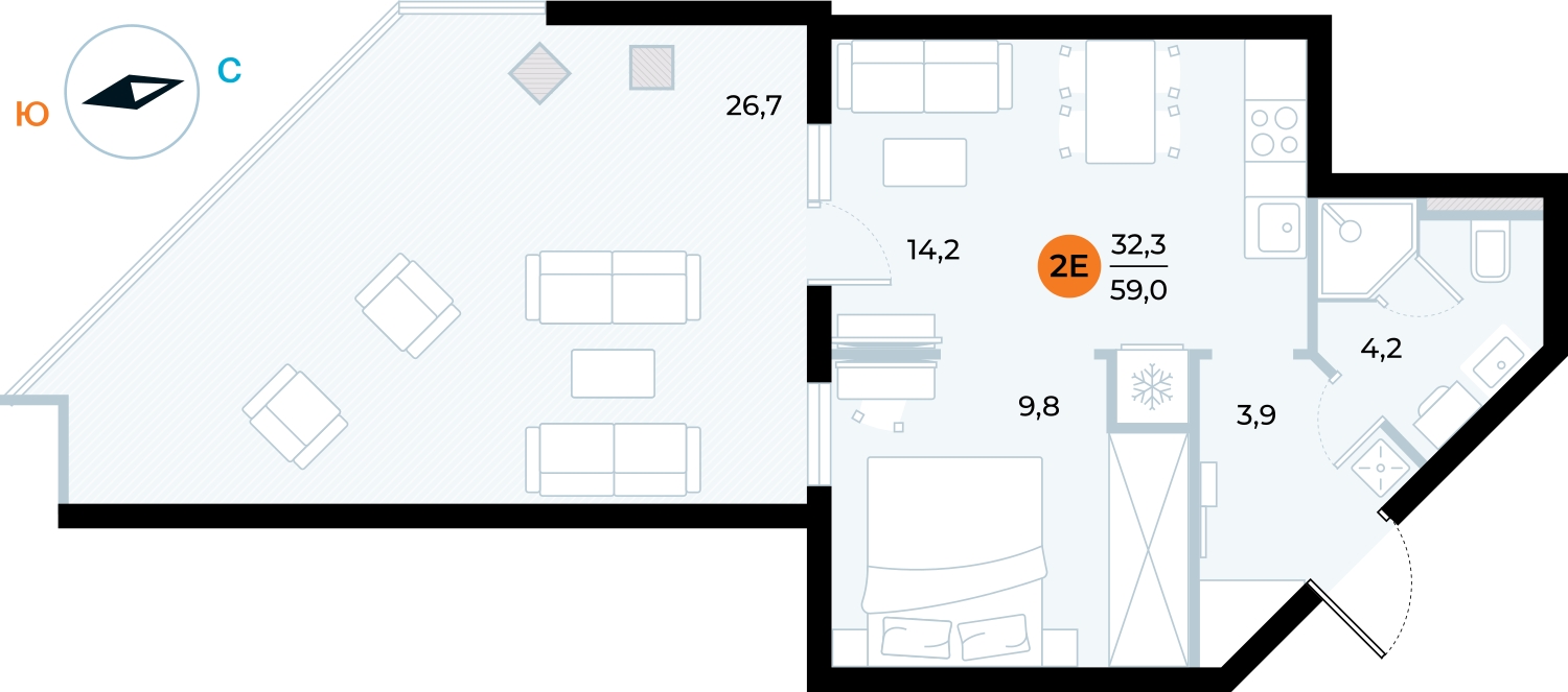 2-комнатная квартира с отделкой в ЖК ERA на 19 этаже в 1 секции. Сдача в 3 кв. 2026 г.