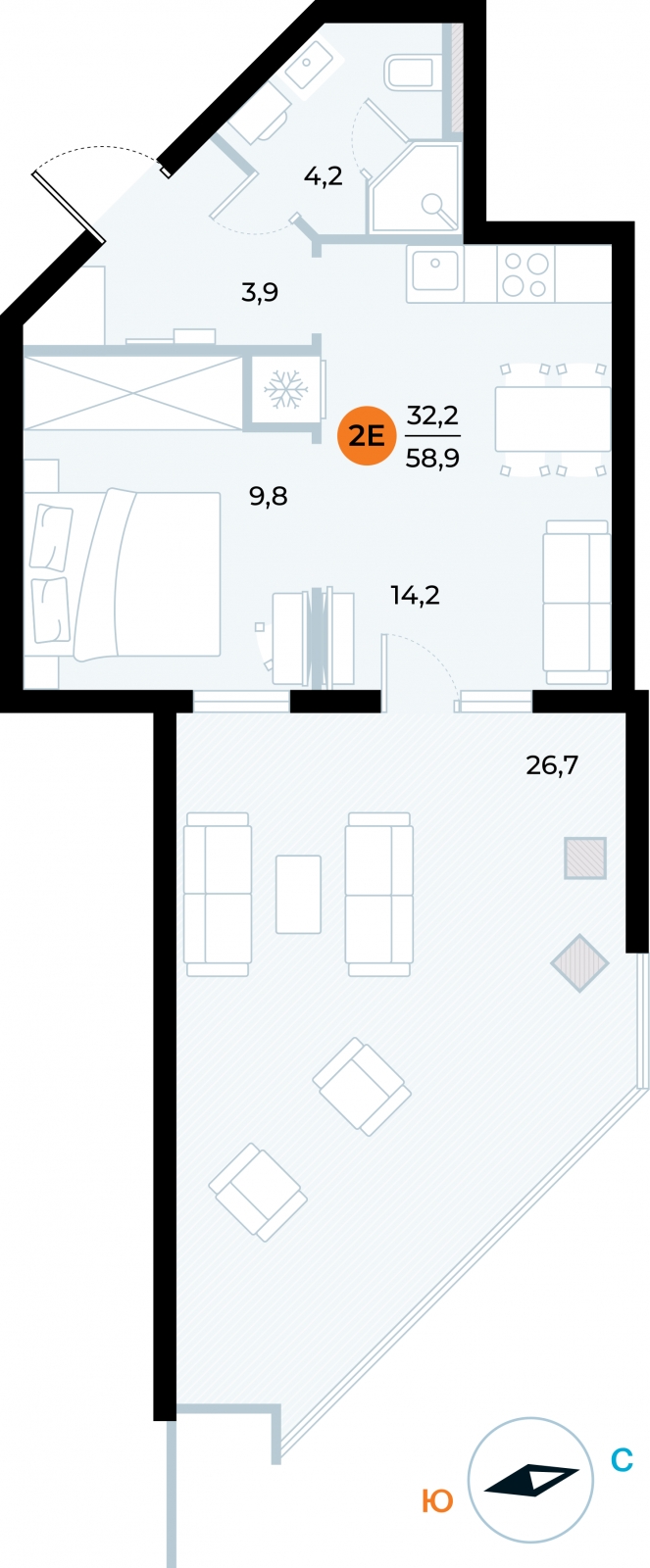 2-комнатная квартира в ЖК Беринг на 15 этаже в 3 секции. Сдача в 4 кв. 2025 г.