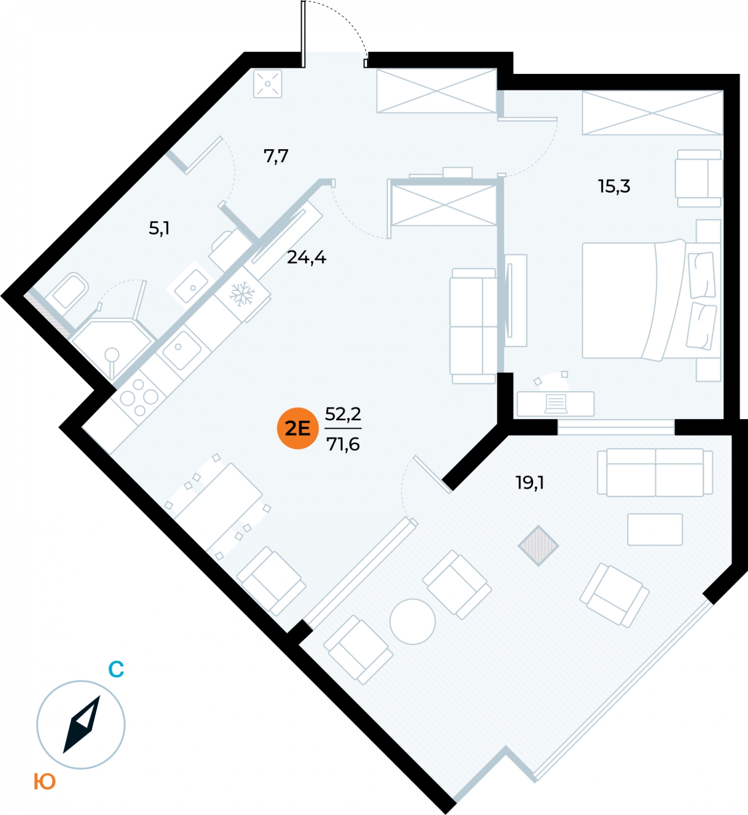 2-комнатная квартира в ЖК Беринг на 13 этаже в 3 секции. Сдача в 4 кв. 2025 г.