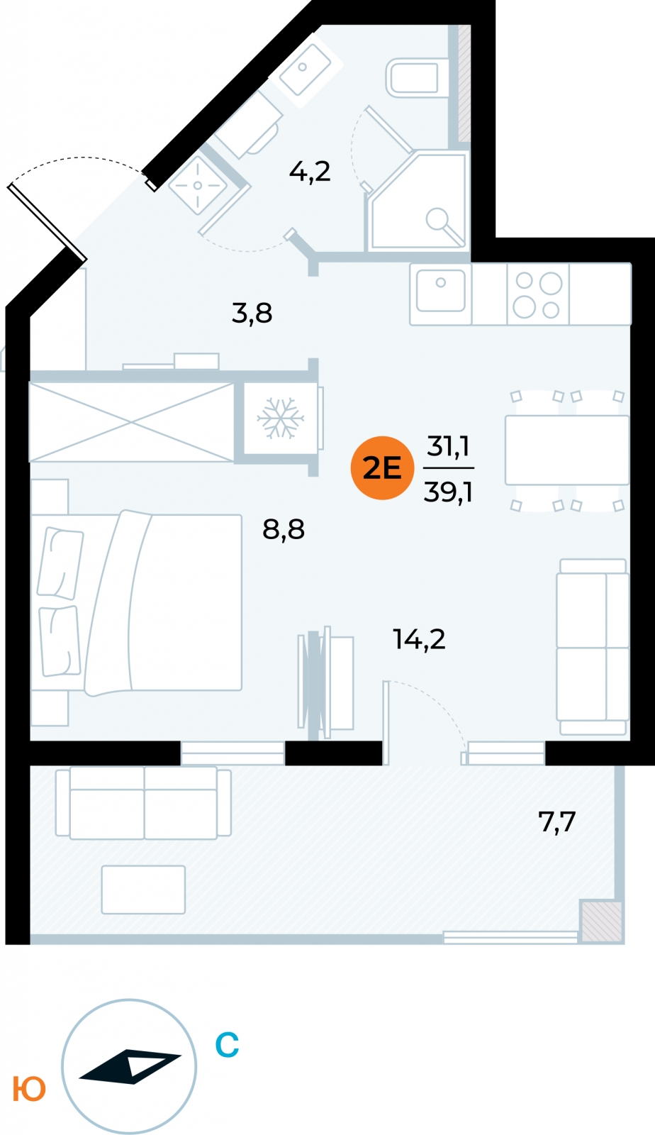 1-комнатная квартира в ЖК ERA на 14 этаже в 1 секции. Сдача в 3 кв. 2026 г.