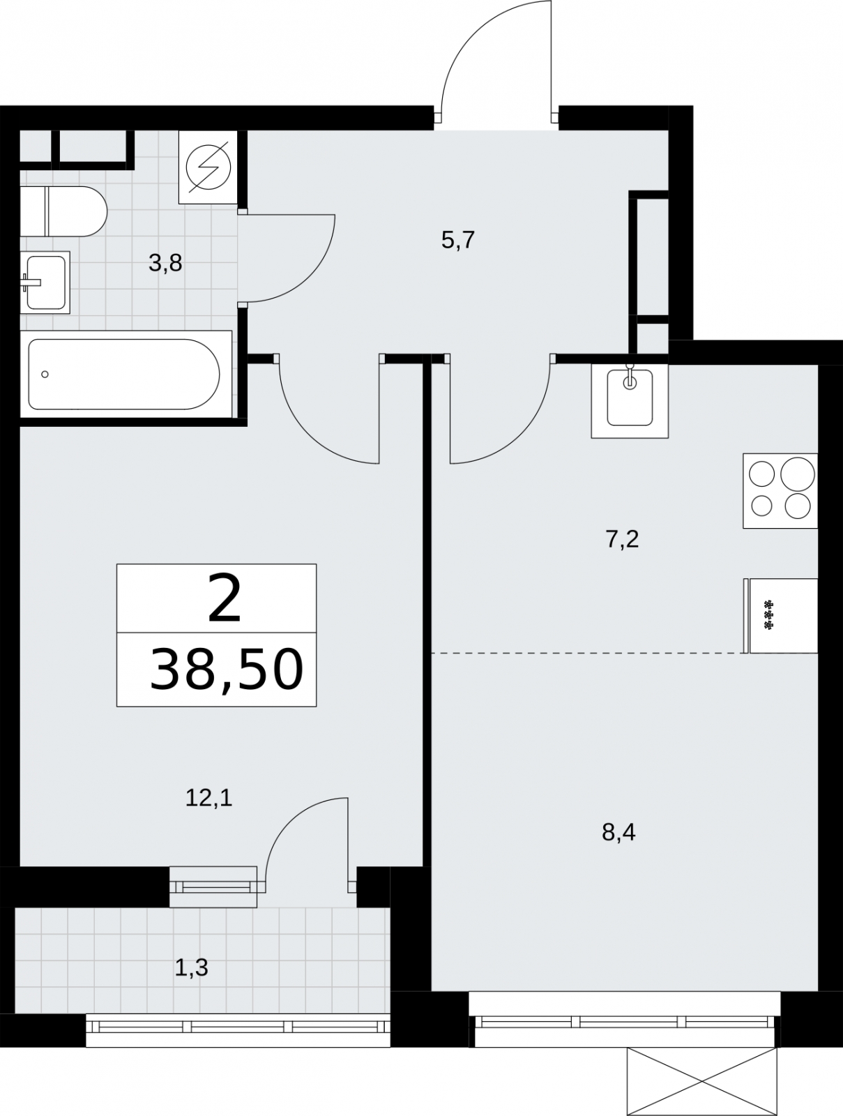 2-комнатная квартира в ЖК Беринг на 7 этаже в 3 секции. Сдача в 4 кв. 2025 г.