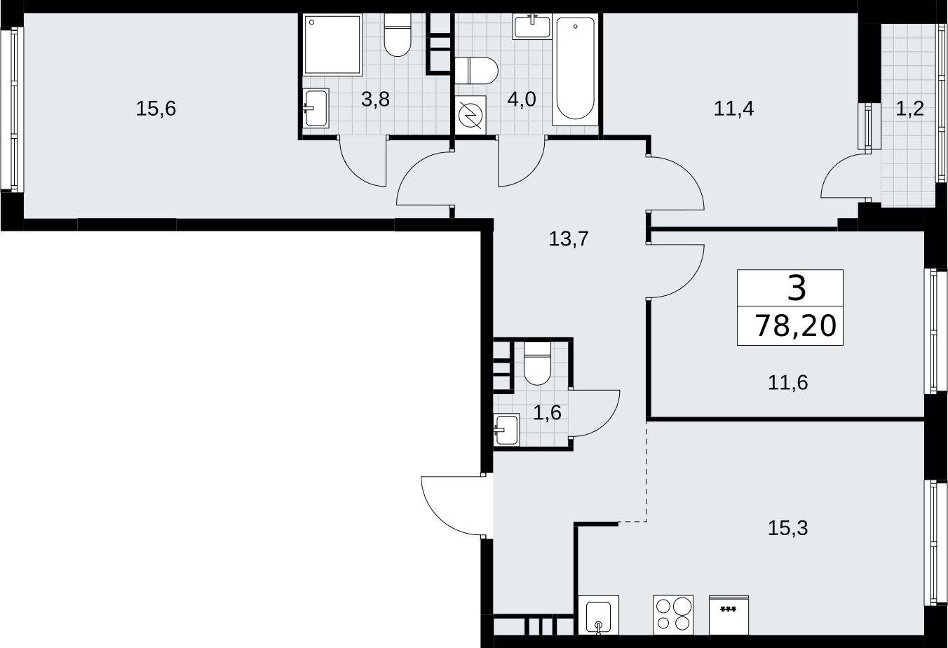 3-комнатная квартира в ЖК Родные кварталы на 9 этаже в 5 секции. Сдача в 3 кв. 2026 г.