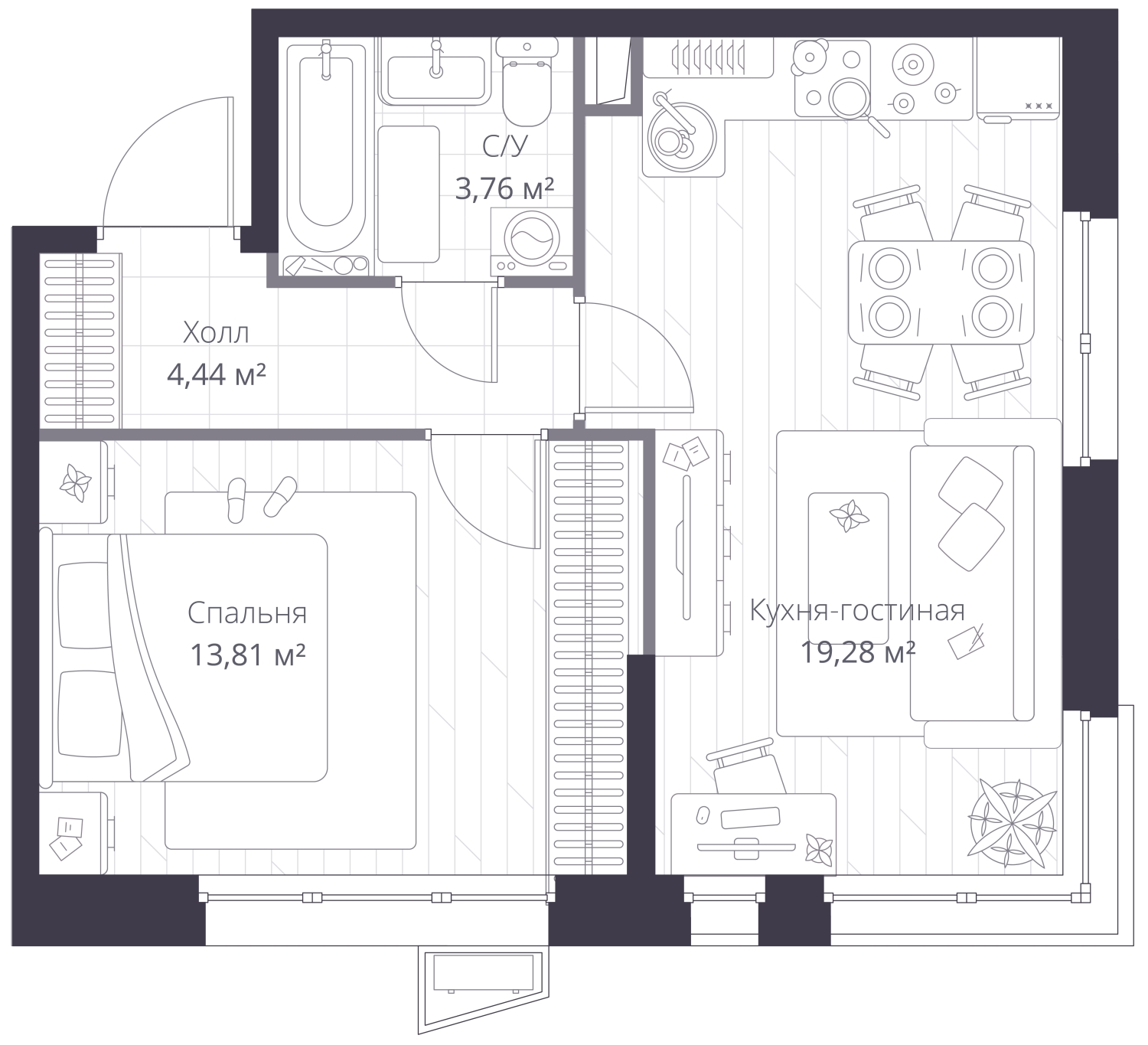 2-комнатная квартира в ЖК Фестиваль Парк - 2 на 14 этаже в 3 секции. Сдача в 4 кв. 2023 г.