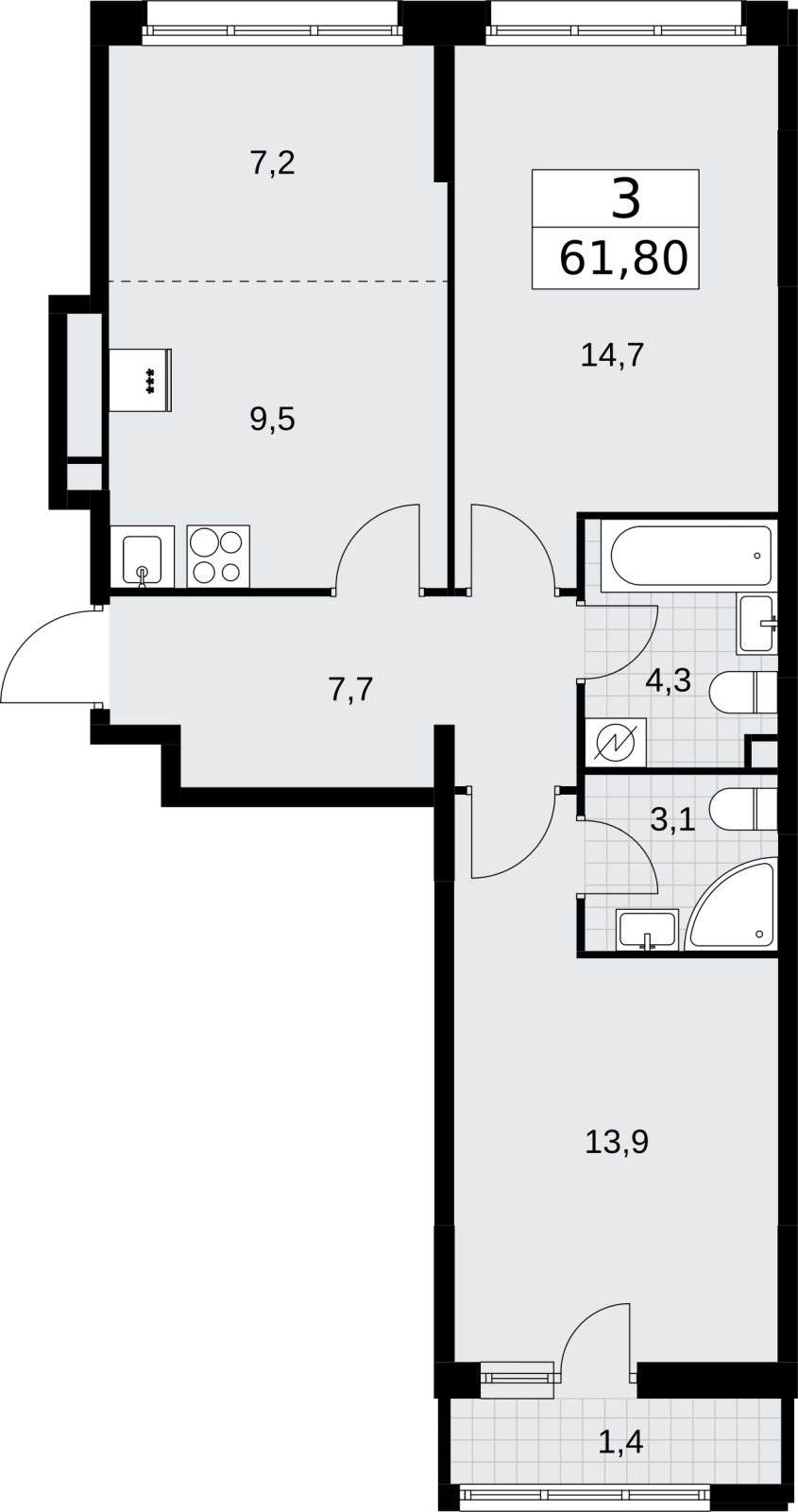 4-комнатная квартира в ЖК Родные кварталы на 9 этаже в 9 секции. Сдача в 3 кв. 2026 г.