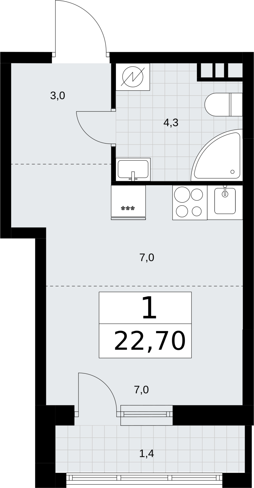 1-комнатная квартира (Студия) в ЖК Дом Дау на 36 этаже в 1 секции. Сдача в 2 кв. 2027 г.