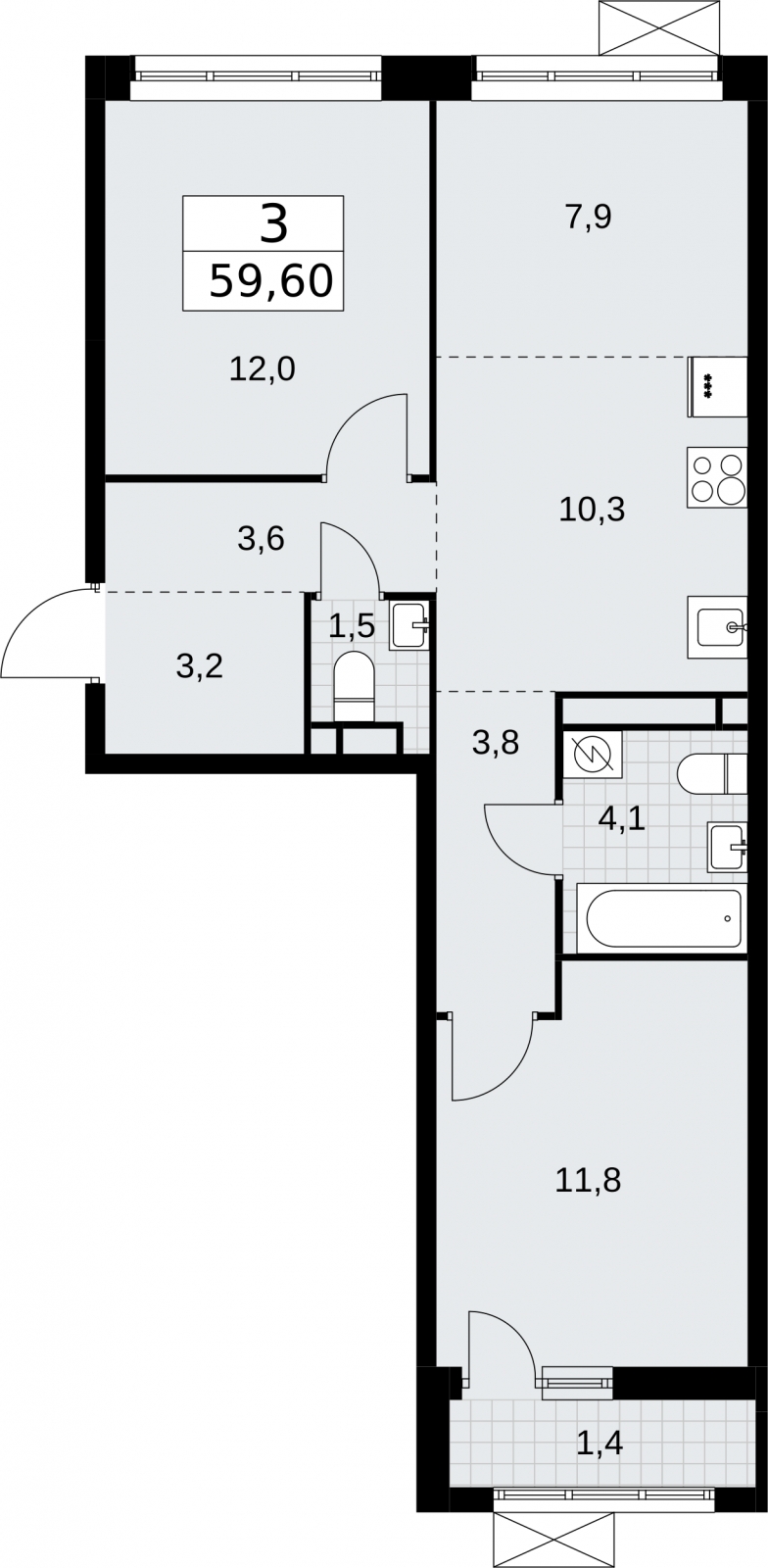3-комнатная квартира в ЖК Беринг на 6 этаже в 1 секции. Сдача в 4 кв. 2025 г.