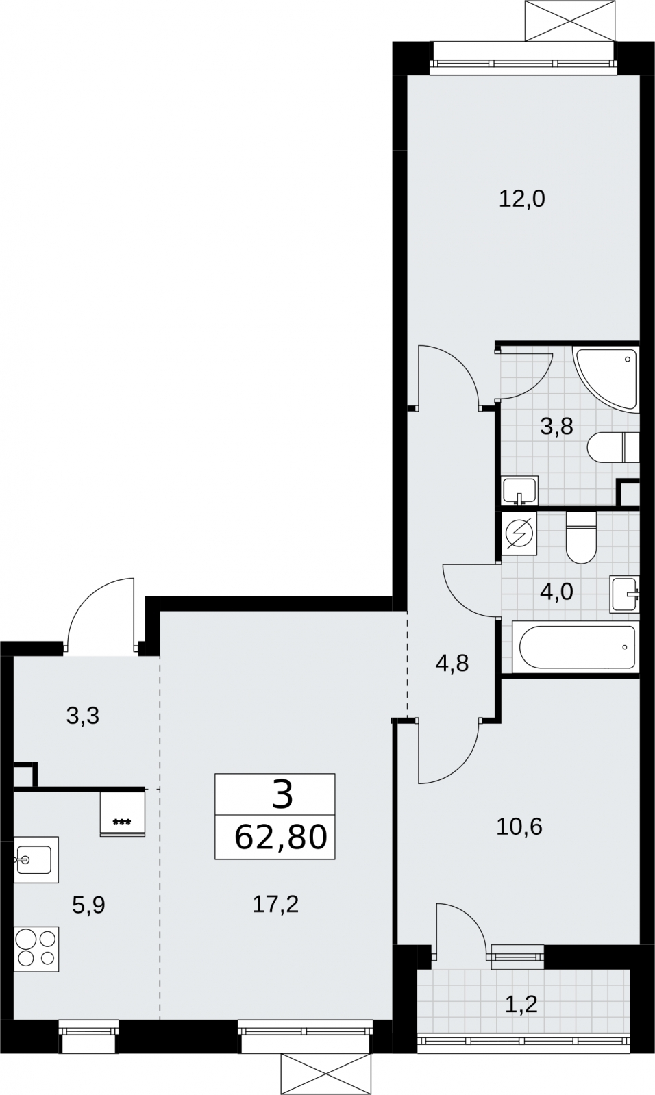 3-комнатная квартира в ЖК Дом Дау на 38 этаже в 1 секции. Сдача в 2 кв. 2027 г.