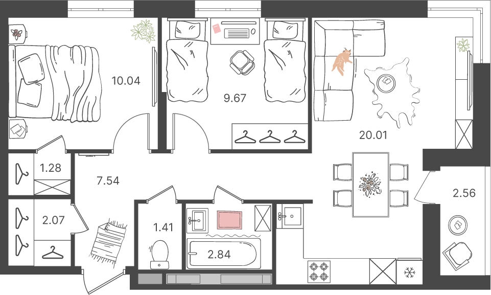 3-комнатная квартира в ЖК Дом Дау на 44 этаже в 1 секции. Сдача в 2 кв. 2027 г.