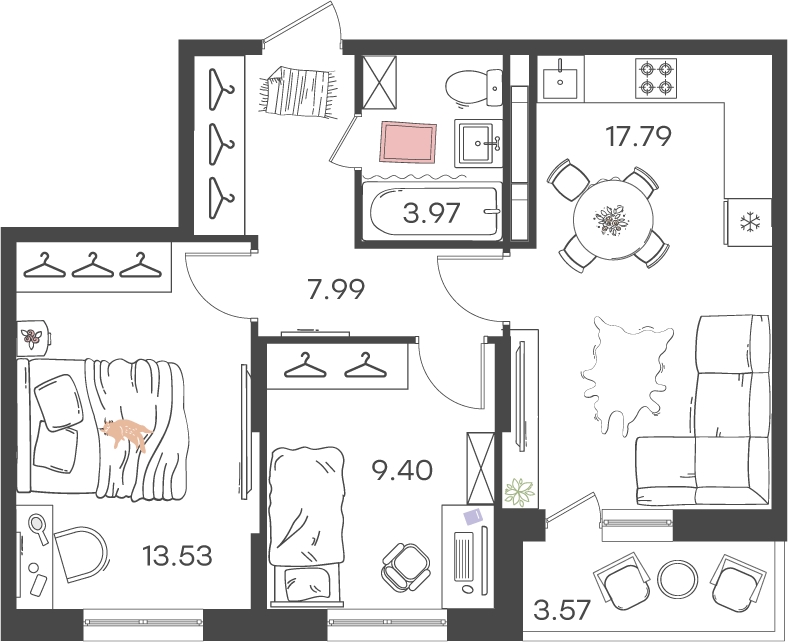 2-комнатная квартира в ЖК Беринг на 4 этаже в 4 секции. Сдача в 4 кв. 2025 г.
