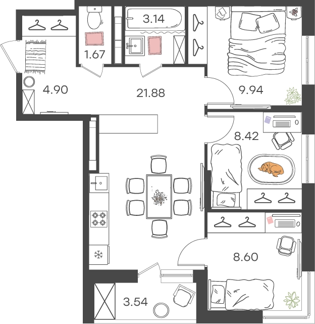 3-комнатная квартира в ЖК Беринг на 8 этаже в 3 секции. Сдача в 4 кв. 2025 г.