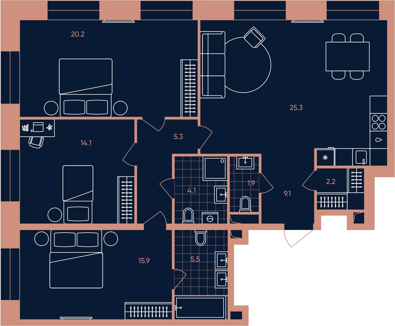 4-комнатная квартира с отделкой в ЖК ERA на 15 этаже в 1 секции. Сдача в 3 кв. 2026 г.