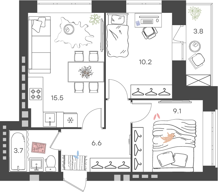 2-комнатная квартира в ЖК Дом Дау на 65 этаже в 1 секции. Сдача в 2 кв. 2027 г.