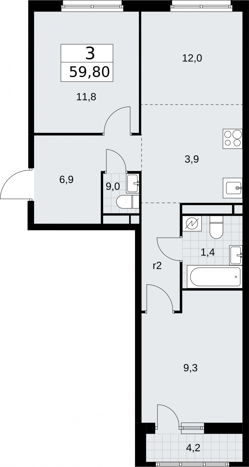 3-комнатная квартира в ЖК ERA на 4 этаже в 1 секции. Сдача в 3 кв. 2026 г.