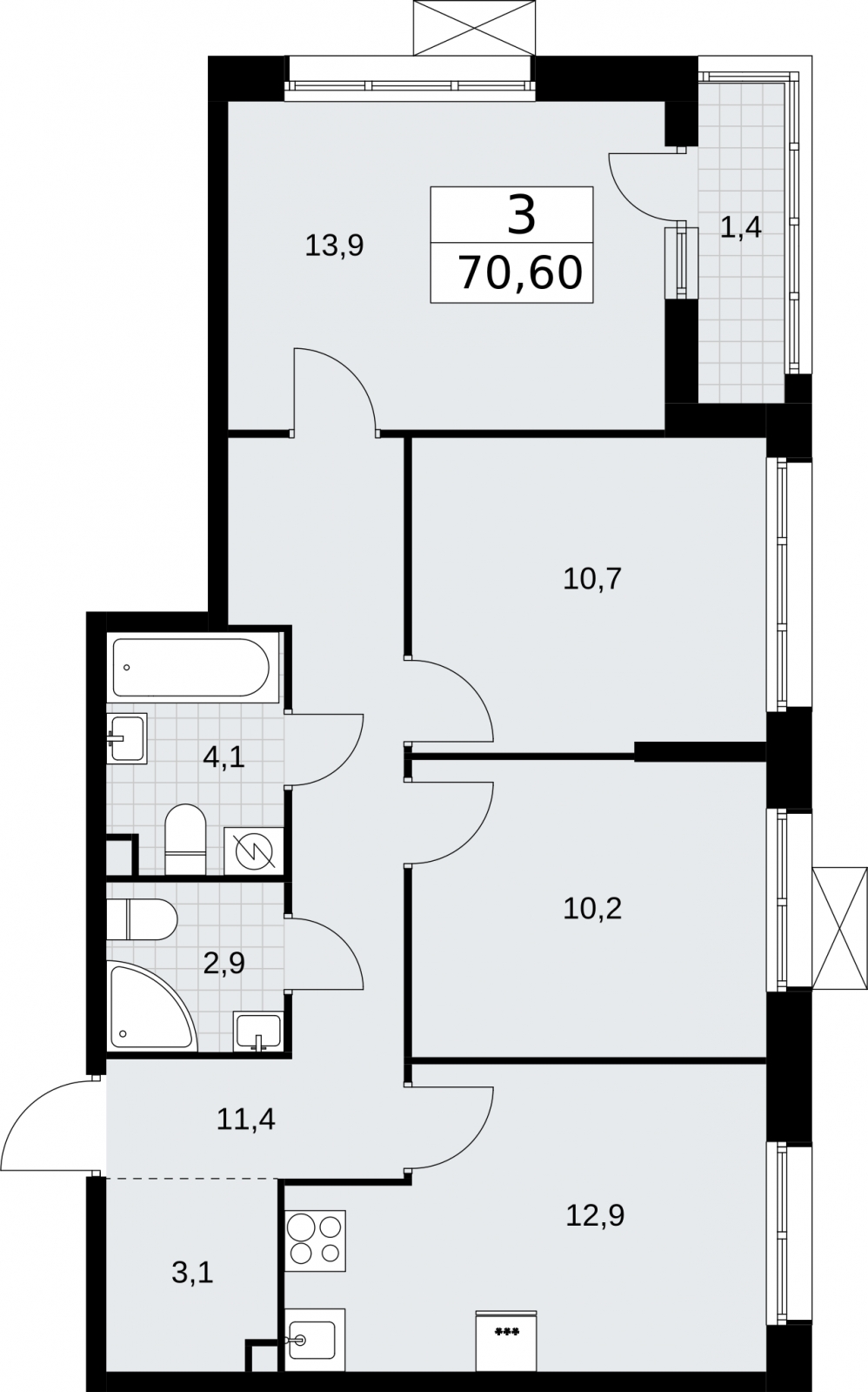 3-комнатная квартира с отделкой в ЖК ERA на 9 этаже в 1 секции. Сдача в 3 кв. 2026 г.