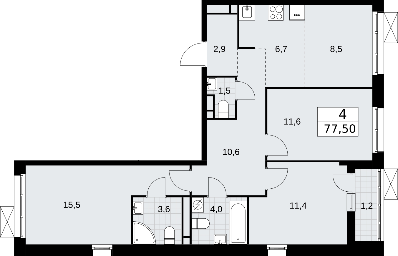 3-комнатная квартира с отделкой в ЖК ERA на 4 этаже в 1 секции. Сдача в 3 кв. 2026 г.