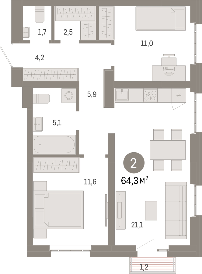 2-комнатная квартира в ЖК Эко-квартал VERY на 7 этаже в 1 секции. Сдача в 1 кв. 2024 г.