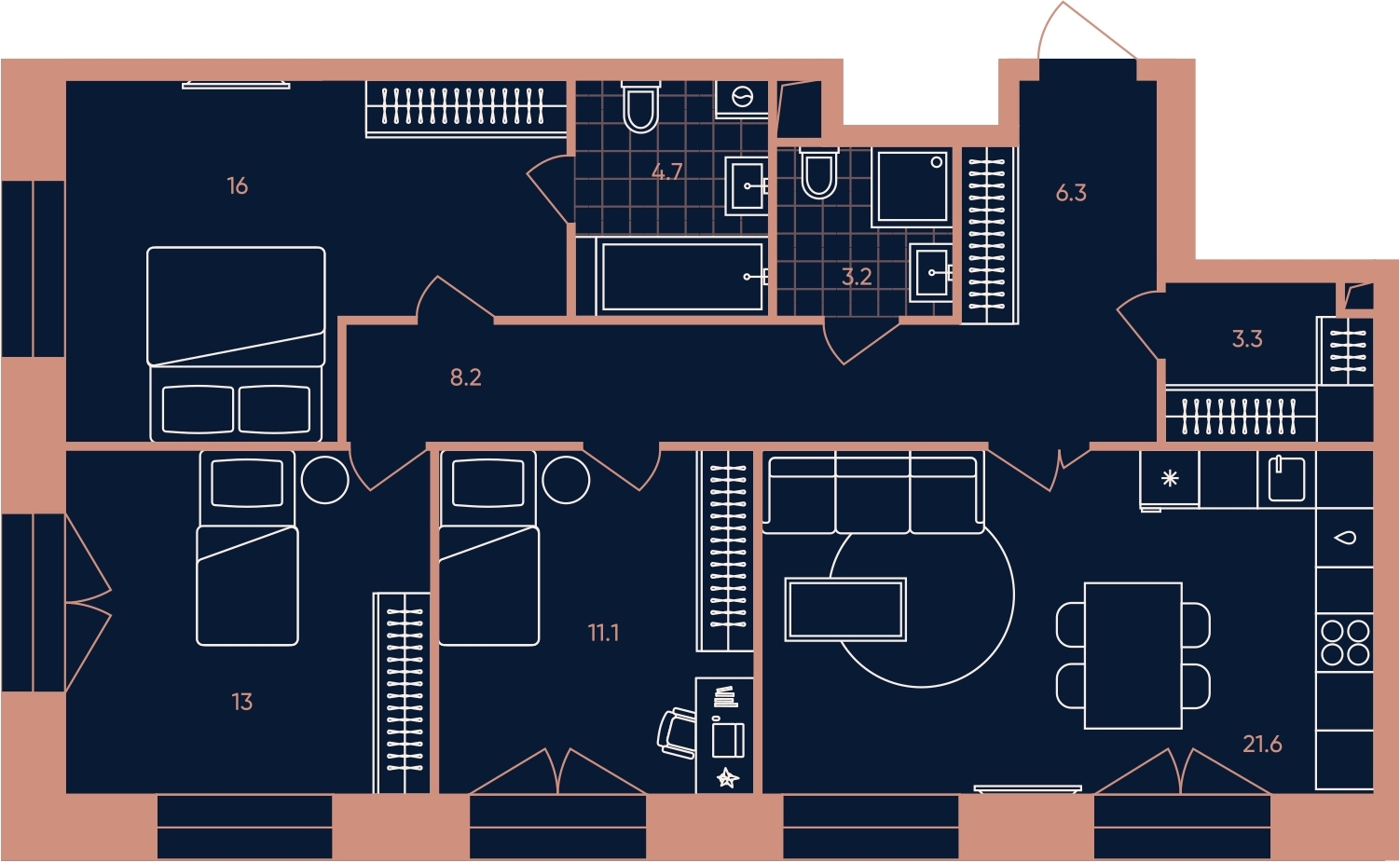 2-комнатная квартира в ЖК Беринг на 8 этаже в 5 секции. Сдача в 4 кв. 2025 г.