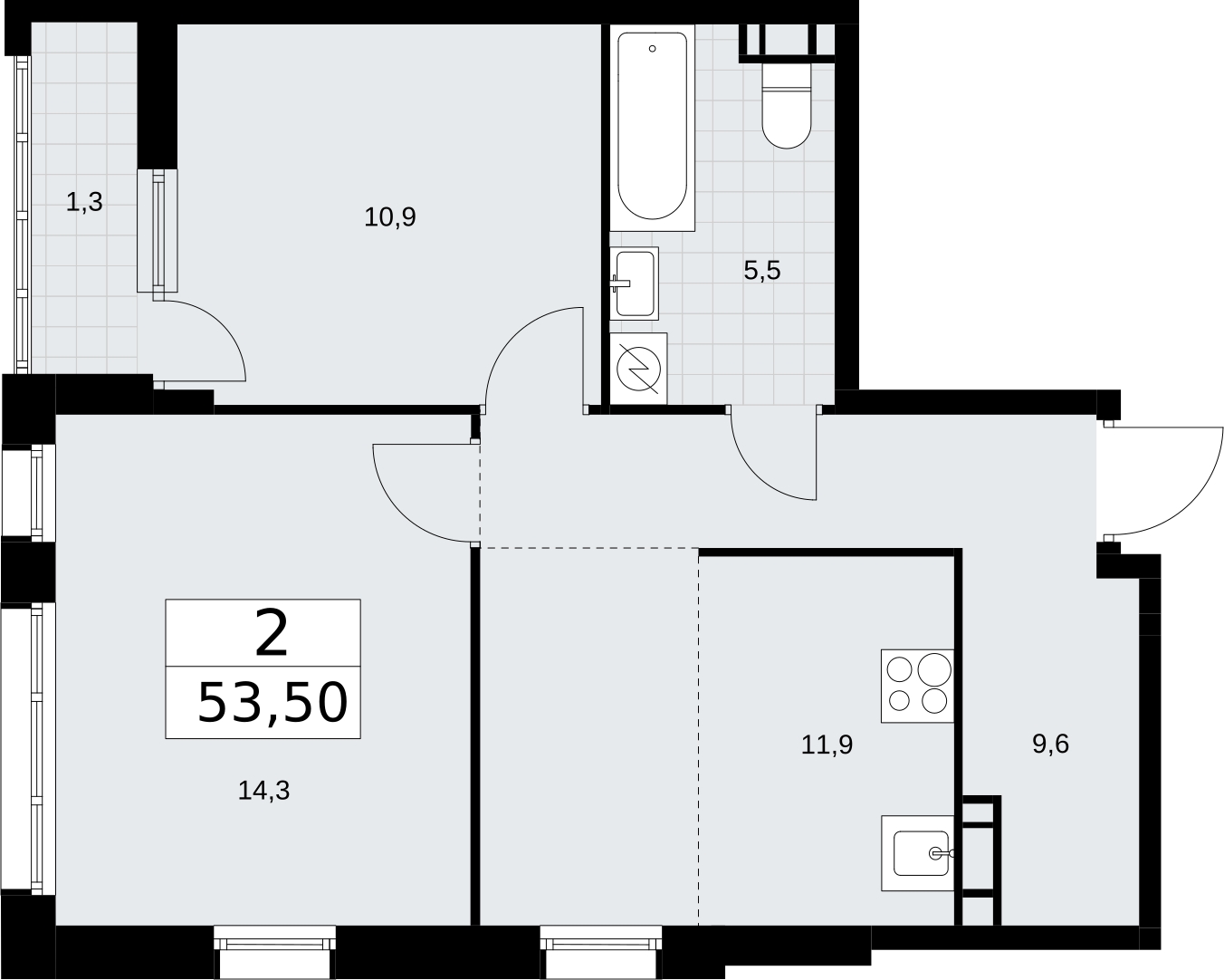 2-комнатная квартира с отделкой в ЖК Родные кварталы на 4 этаже в 5 секции. Сдача в 4 кв. 2026 г.