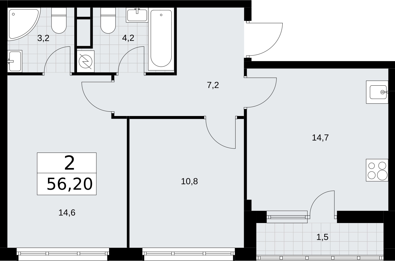 2-комнатная квартира с отделкой в ЖК Родные кварталы на 3 этаже в 4 секции. Сдача в 4 кв. 2026 г.