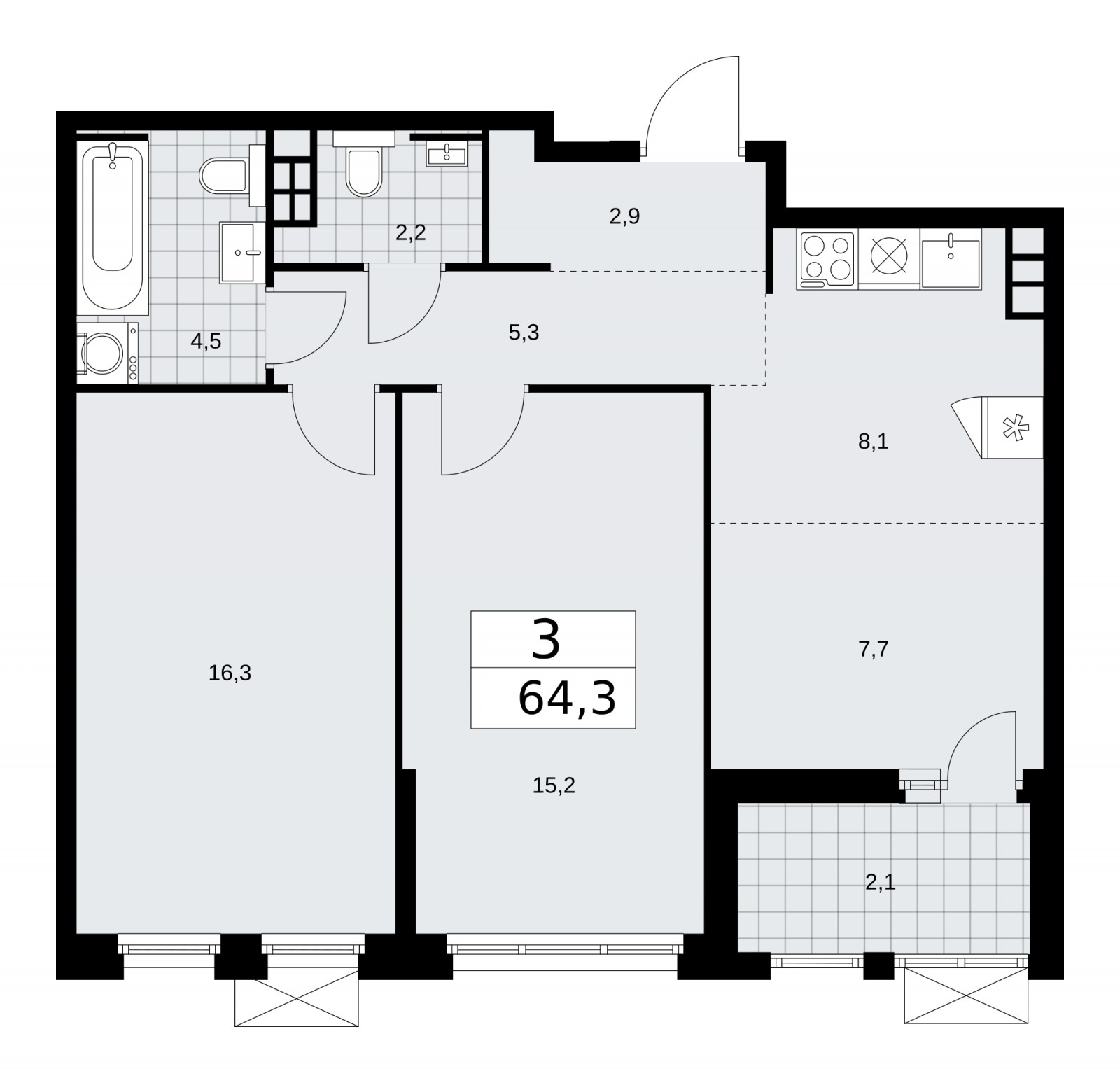 2-комнатная квартира в ЖК Скандинавия на 10 этаже в 1 секции. Сдача в 2 кв. 2026 г.
