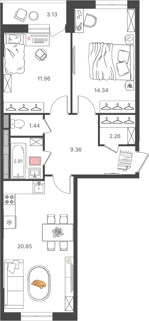 3-комнатная квартира в ЖК Беринг на 19 этаже в 5 секции. Сдача в 4 кв. 2025 г.