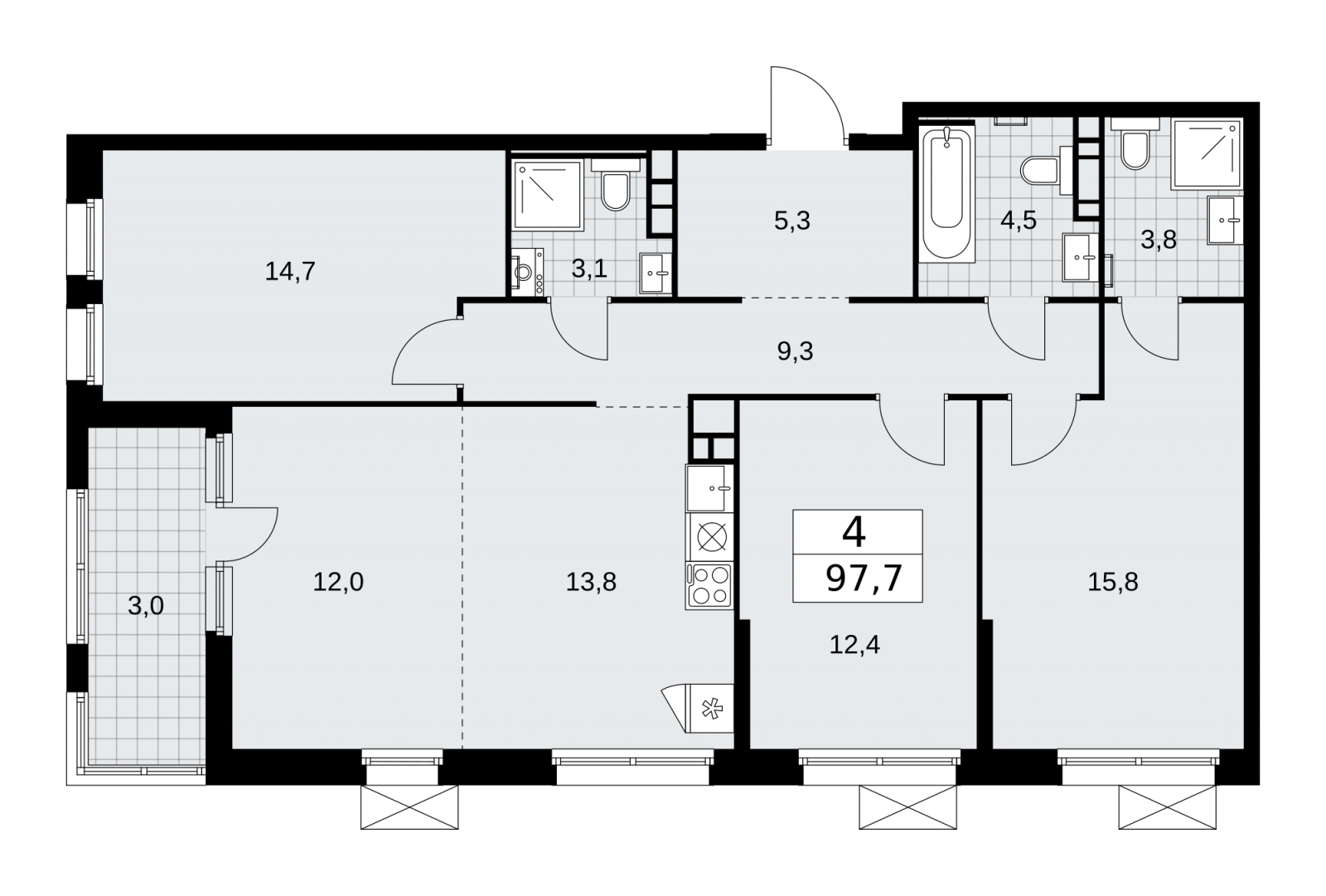 3-комнатная квартира в ЖК Скандинавия на 11 этаже в 1 секции. Сдача в 2 кв. 2026 г.
