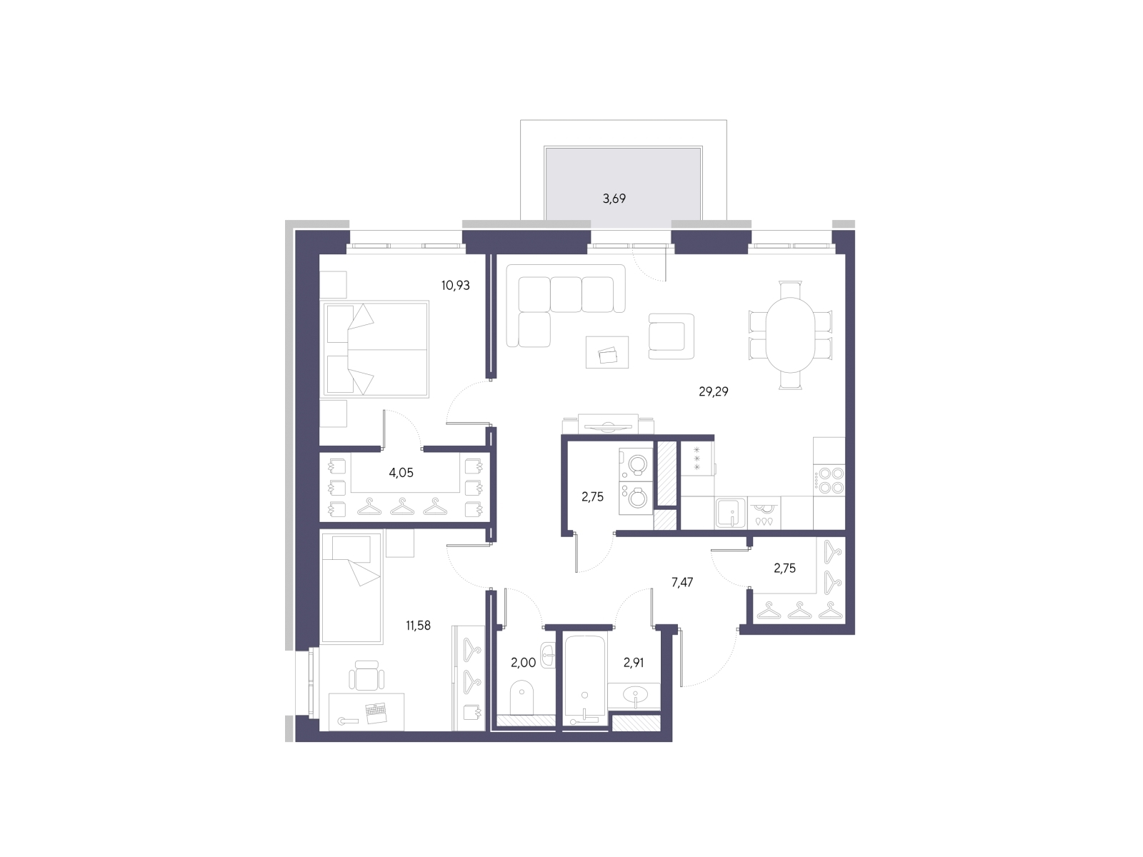 2-комнатная квартира в Клубный город на реке Primavera на 8 этаже в 1 секции. Сдача в 4 кв. 2024 г.