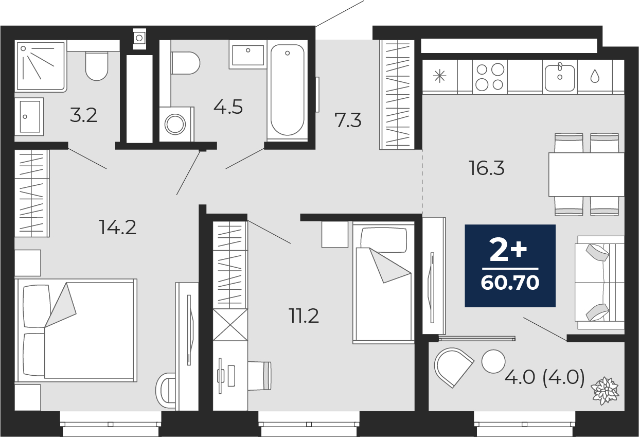 3-комнатная квартира в ЖК Дом Дау на 9 этаже в 1 секции. Сдача в 2 кв. 2027 г.