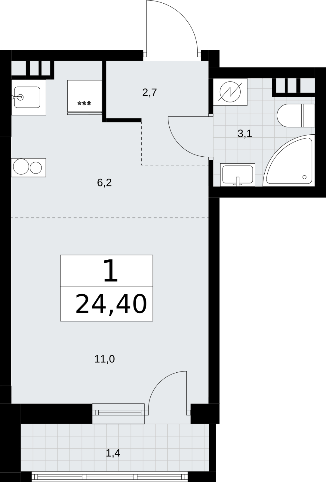 1-комнатная квартира (Студия) в ЖК Родные кварталы на 3 этаже в 2 секции. Сдача в 3 кв. 2026 г.