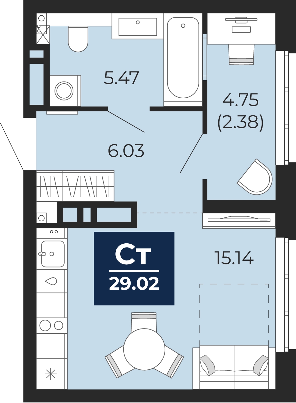 1-комнатная квартира (Студия) в ЖК Родные кварталы на 5 этаже в 2 секции. Сдача в 3 кв. 2026 г.