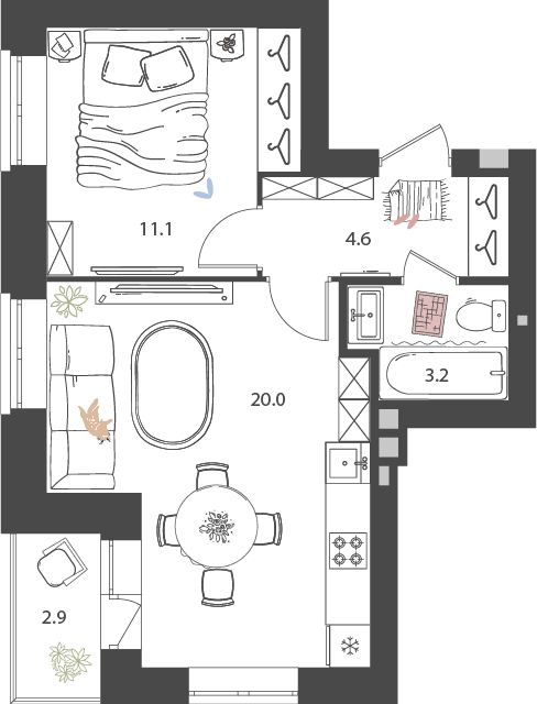 2-комнатная квартира в ЖК Родные кварталы на 2 этаже в 3 секции. Сдача в 3 кв. 2026 г.
