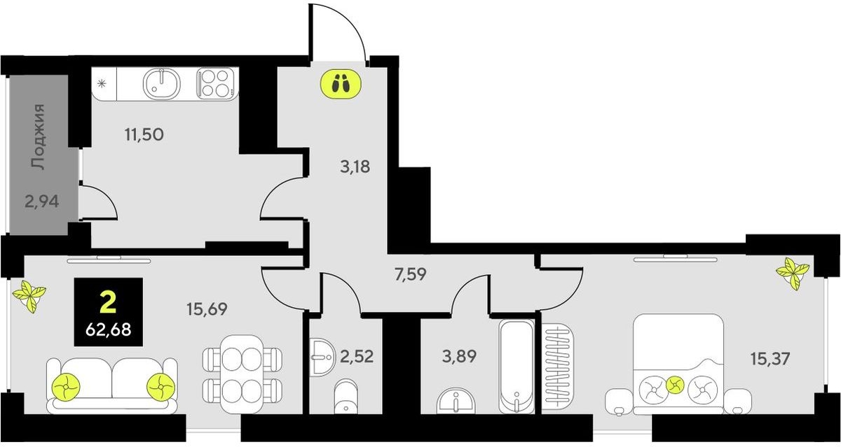 1-комнатная квартира в ЖК VEREN PLACE Одесская на 12 этаже в 1 секции. Сдача в 3 кв. 2026 г.