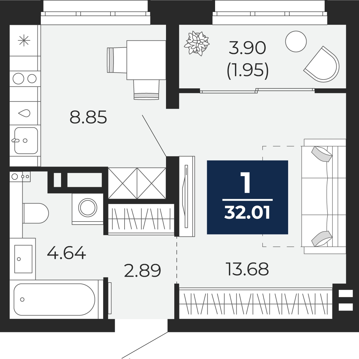 1-комнатная квартира в ЖК Родные кварталы на 4 этаже в 3 секции. Сдача в 3 кв. 2026 г.