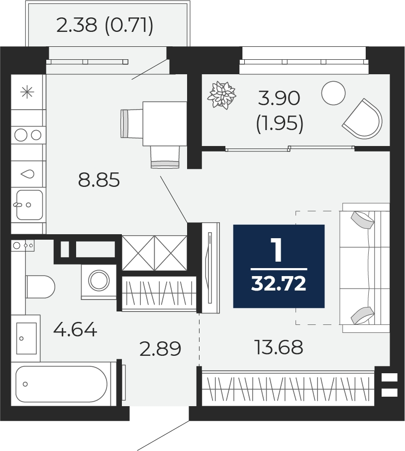 2-комнатная квартира в ЖК Родные кварталы на 4 этаже в 3 секции. Сдача в 3 кв. 2026 г.