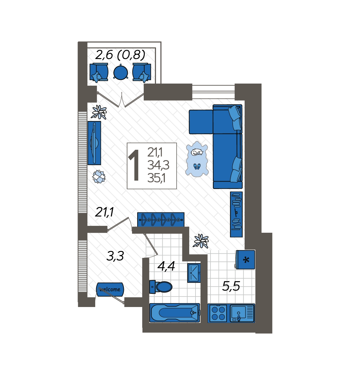 1-комнатная квартира (Студия) в ЖК Родные кварталы на 5 этаже в 3 секции. Сдача в 3 кв. 2026 г.