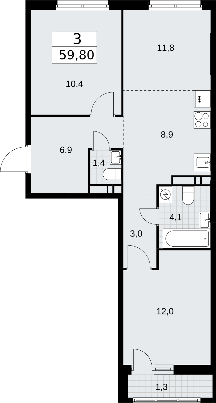3-комнатная квартира в ЖК Родные кварталы на 7 этаже в 3 секции. Сдача в 3 кв. 2026 г.