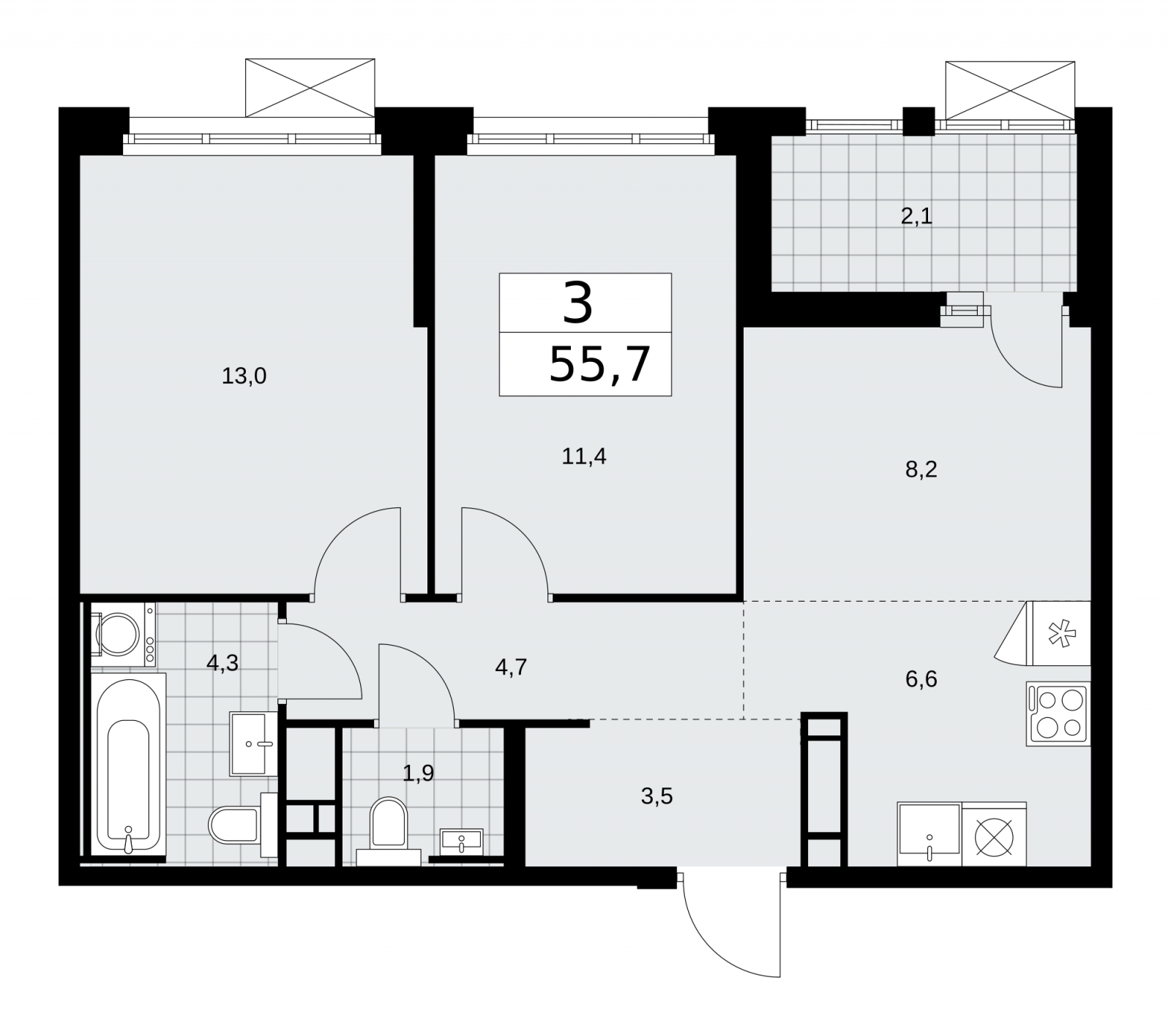 2-комнатная квартира в ЖК Скандинавия на 6 этаже в 3 секции. Сдача в 2 кв. 2026 г.