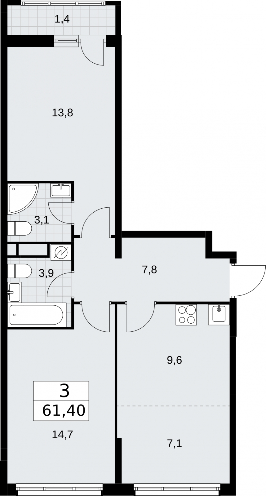 3-комнатная квартира с отделкой в ЖК Новая Жизнь на 7 этаже в 1 секции. Сдача в 1 кв. 2027 г.