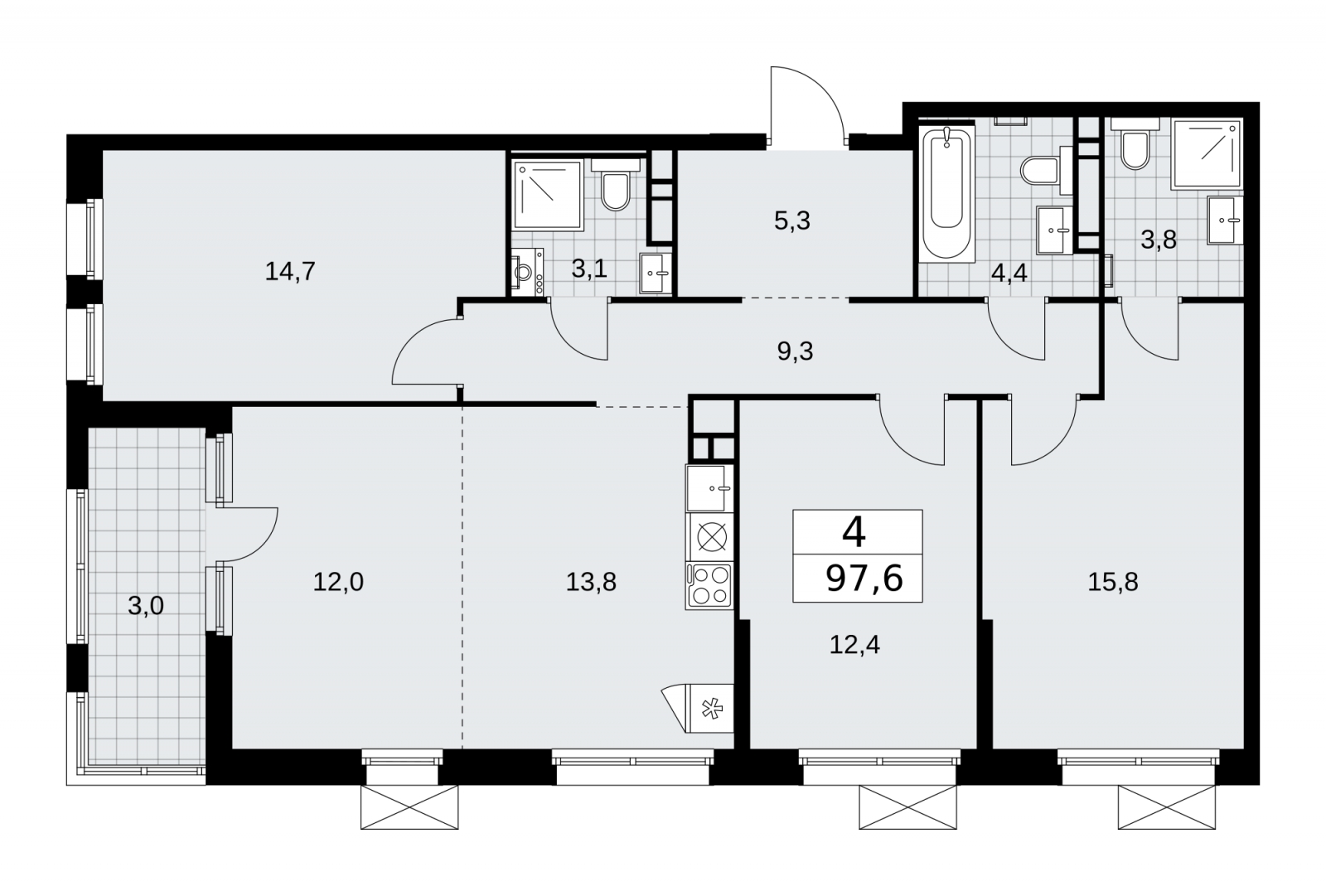 4-комнатная квартира в ЖК Скандинавия на 2 этаже в 1 секции. Сдача в 2 кв. 2026 г.